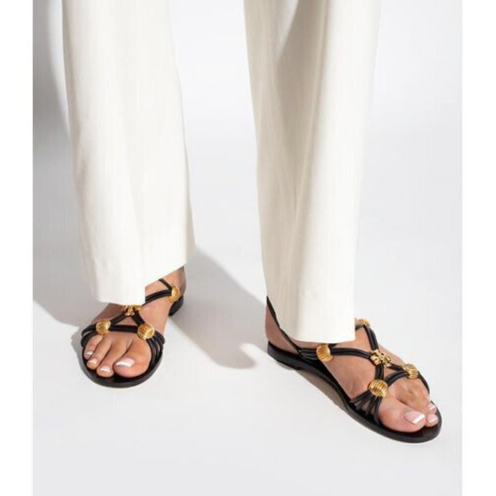 Tory Burch Capri Logo-Plaque Strappy Leather Sandals Black Womens Size 10.5 EUC
